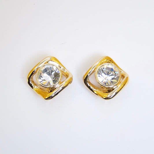 Yves Saint Laurent Vintage Rhinestone in Rhombus Golden Clip-on Earrings
