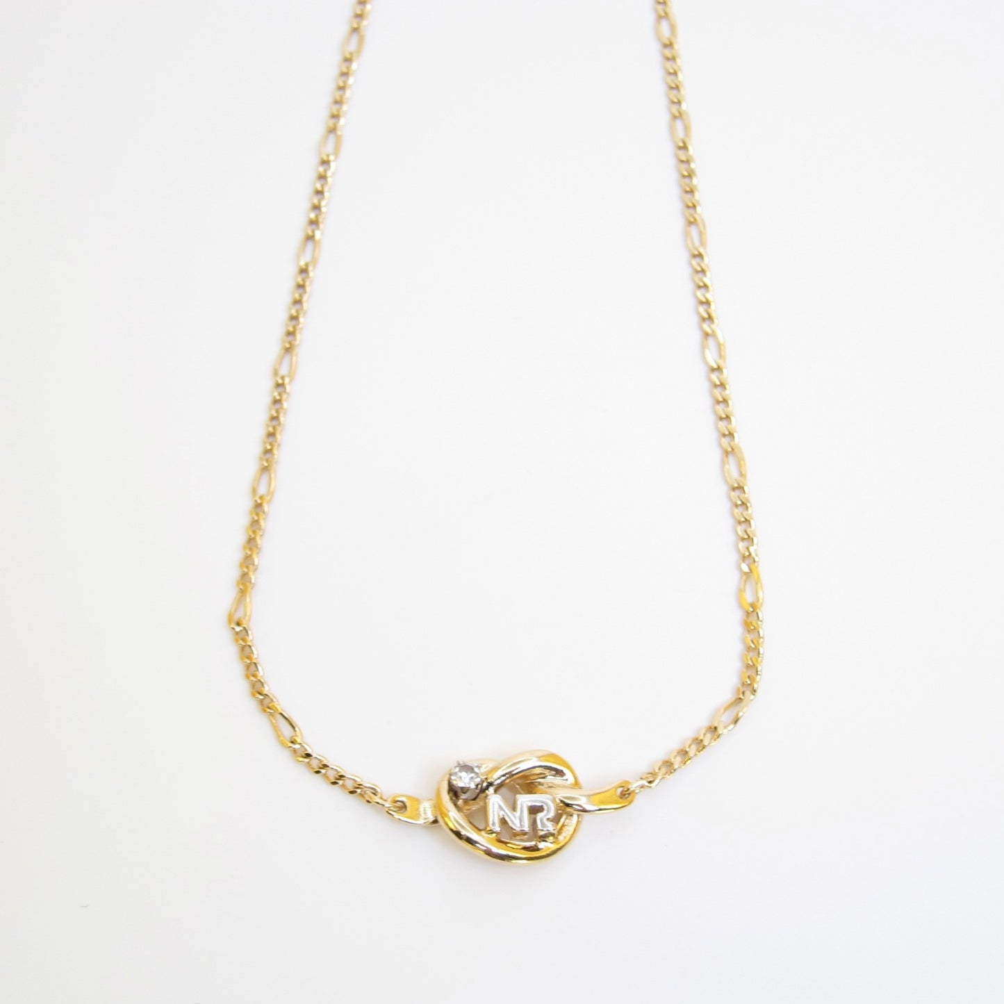 Nina Ricci Vintage NR Logo and Single Rhinestone Golden Necklace