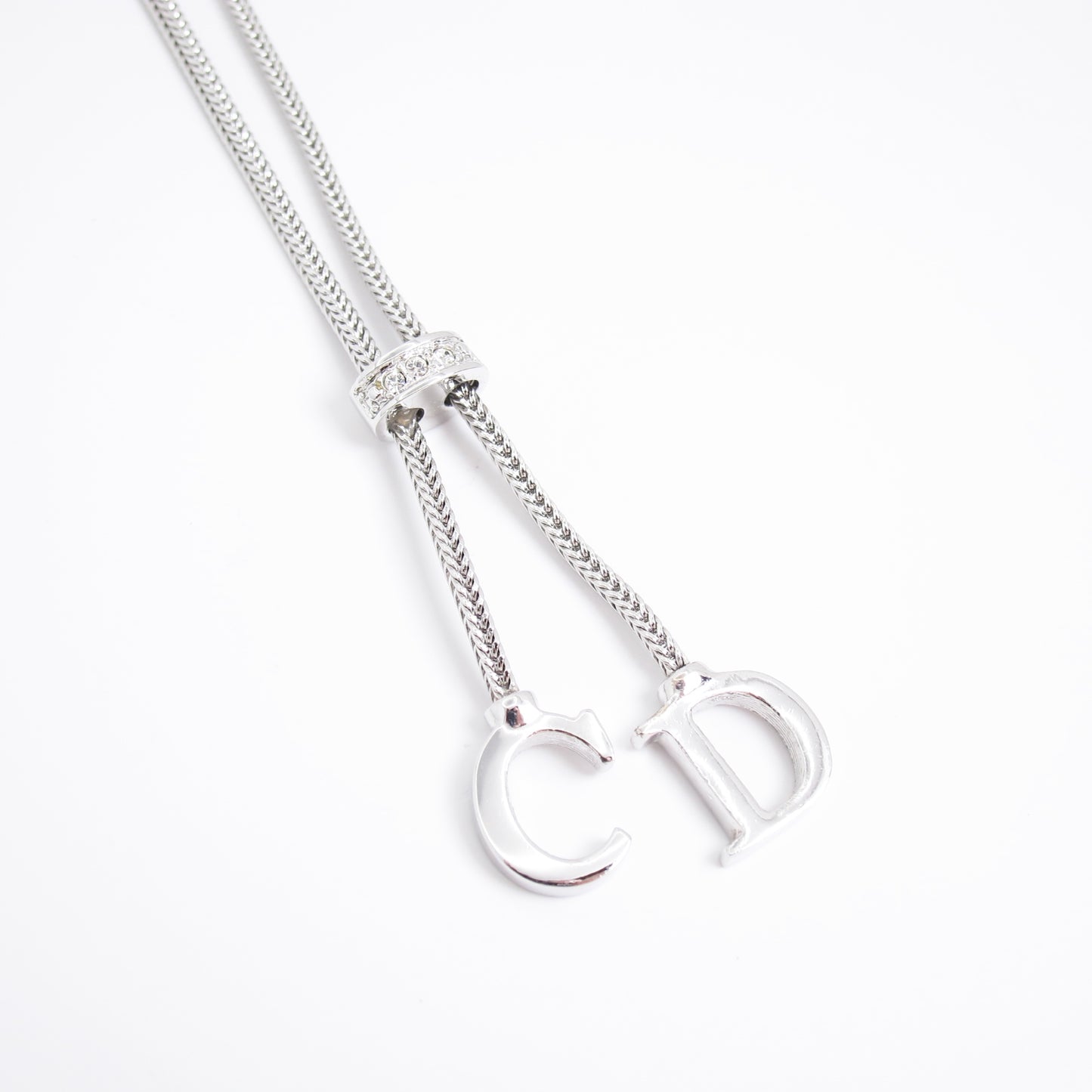 Christian Dior Vintage CD Logo Dandling Pendant Silver Necklace