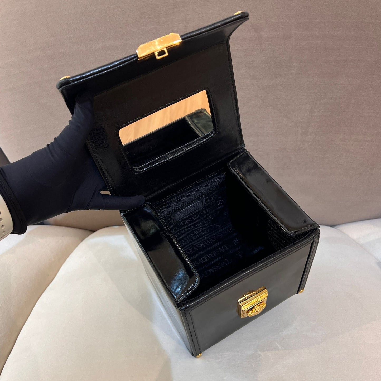 Versace Vintage Medusa Black Patent Vanity Box Bag