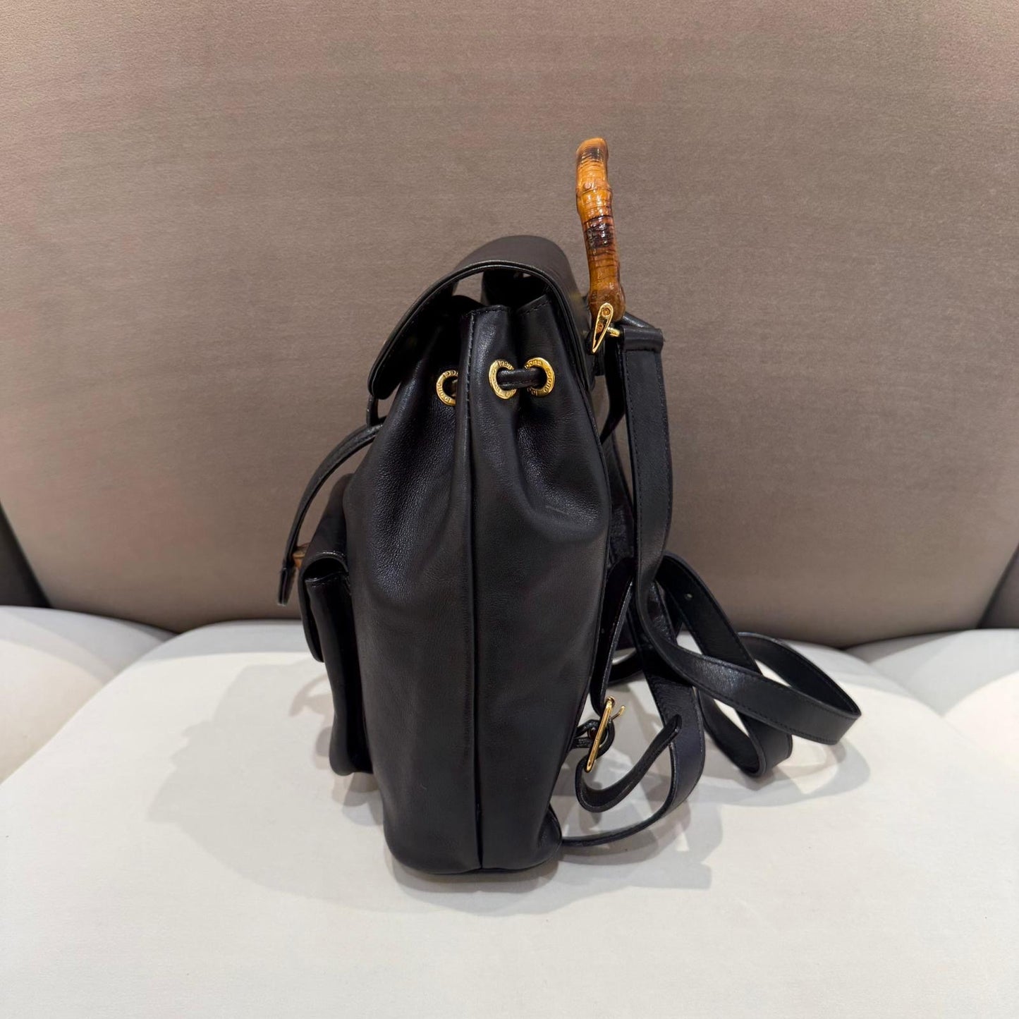 Gucci Vintage Black Leather Bamboo Small Backpack