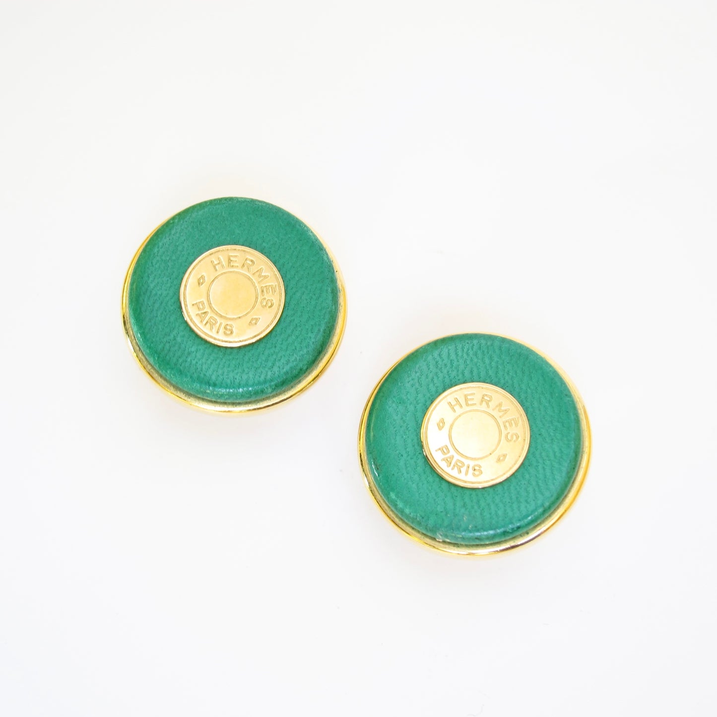 Hermes Vintage Serie Green Leather and Golden Clip-on Earrings