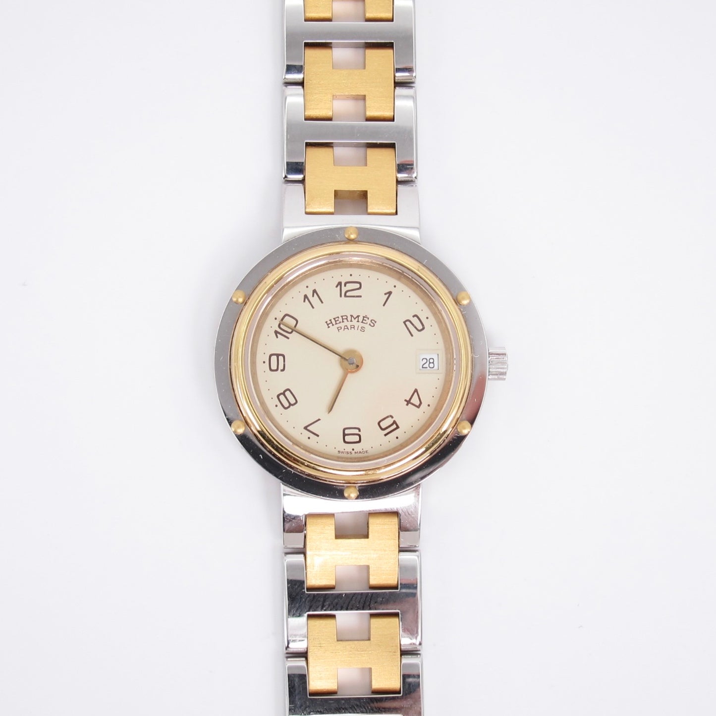 Hermes Vintage Clipper Ivory Dial with Date and H Bracelet Two Tone Watch