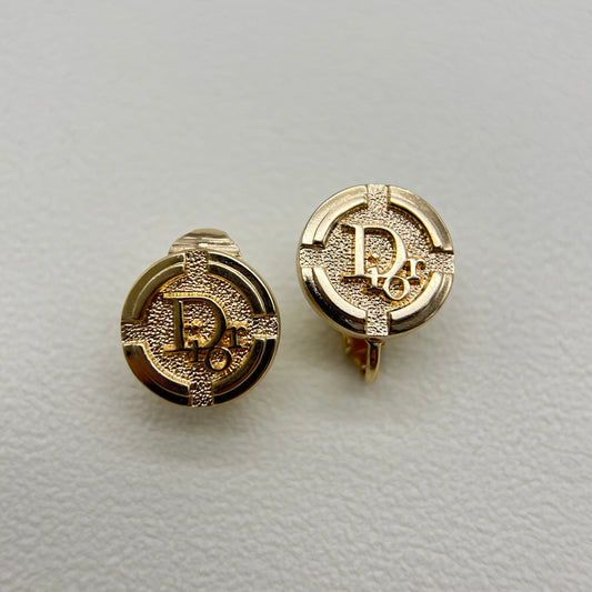 Christian Dior Vintage Dior Logo in Circle Golden Clip-on Earrings
