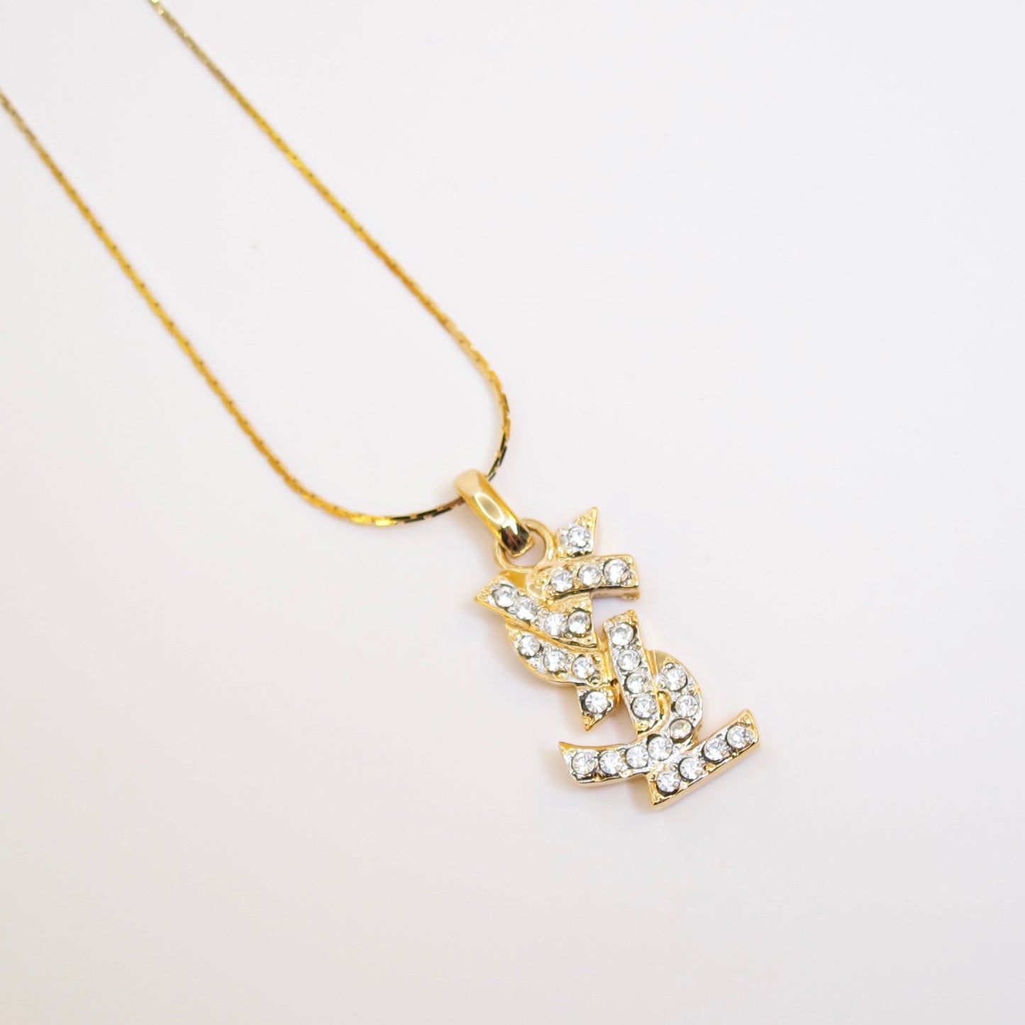 Yves Saint Laurent Vintage Ysl Logo with Rhinestone Golden Necklace