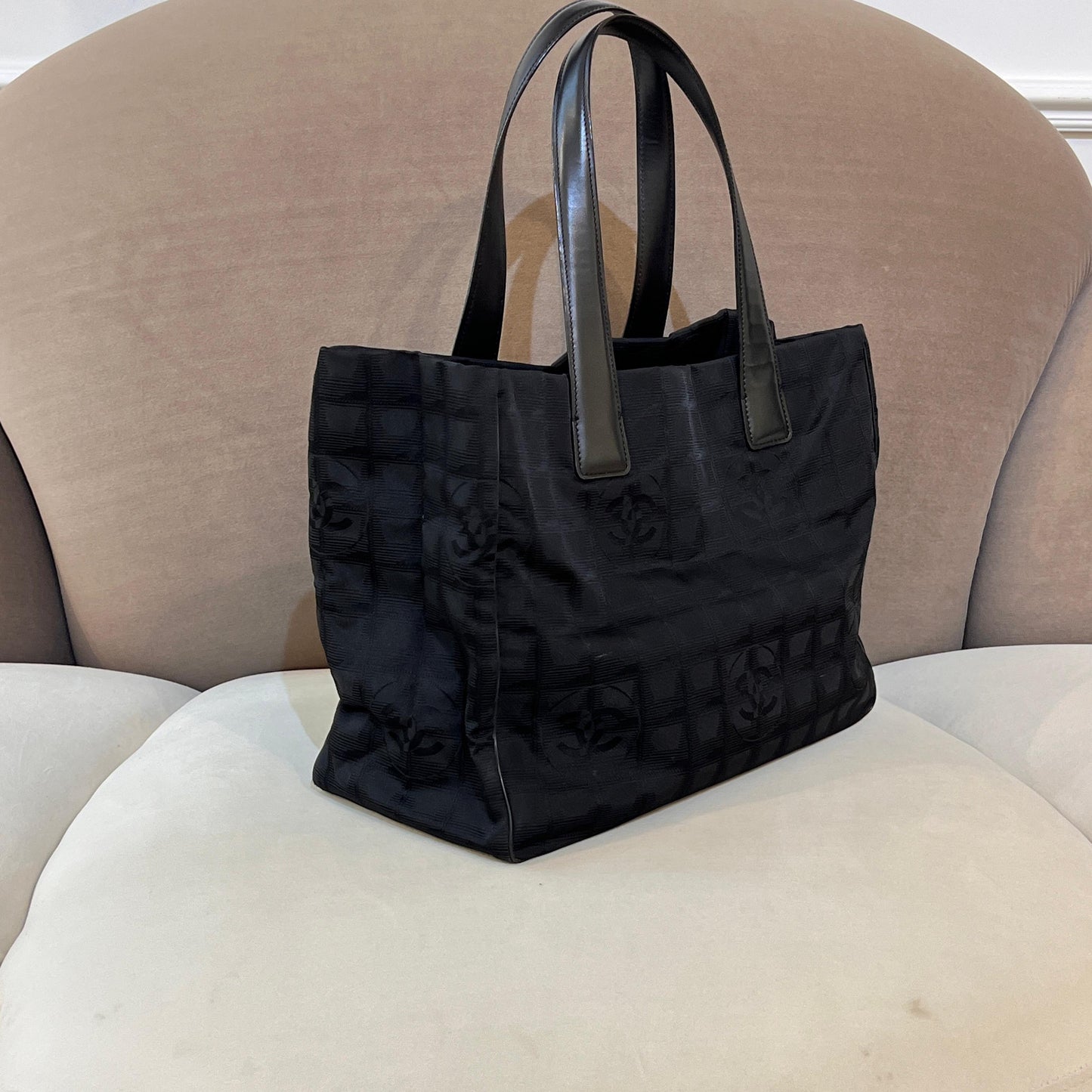 Chanel Vintage New Travel Line Black Nylon Tote Bag