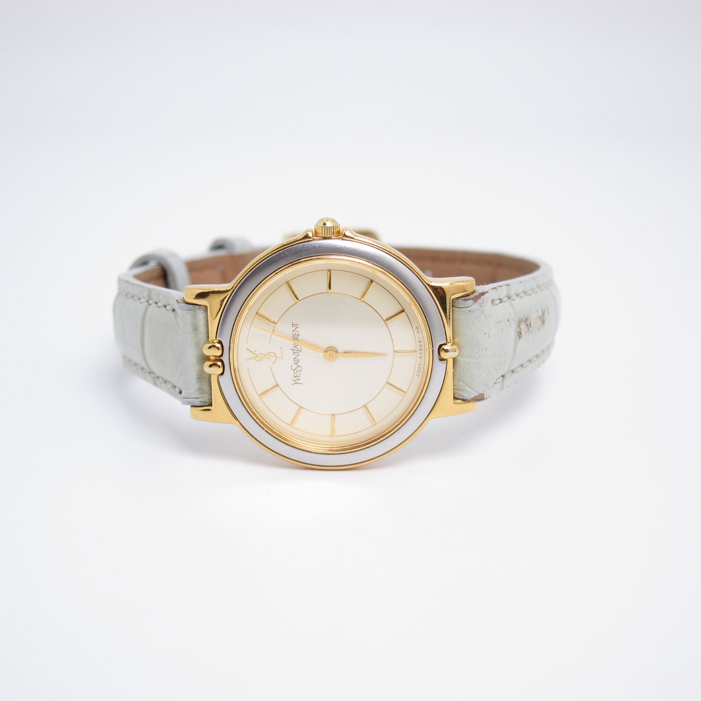 Yves Saint Laurent Vintage Round Champagne Face with Leather Strap Watch