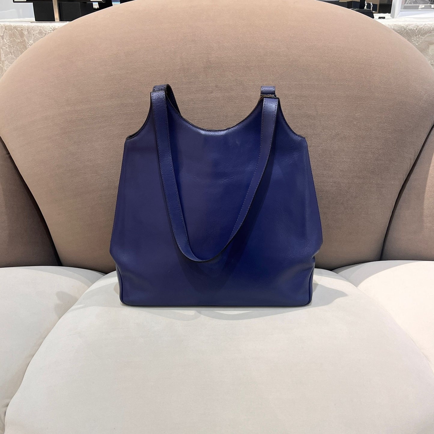 Celine Vintage Blue Leather Circle Logo Tote Bag