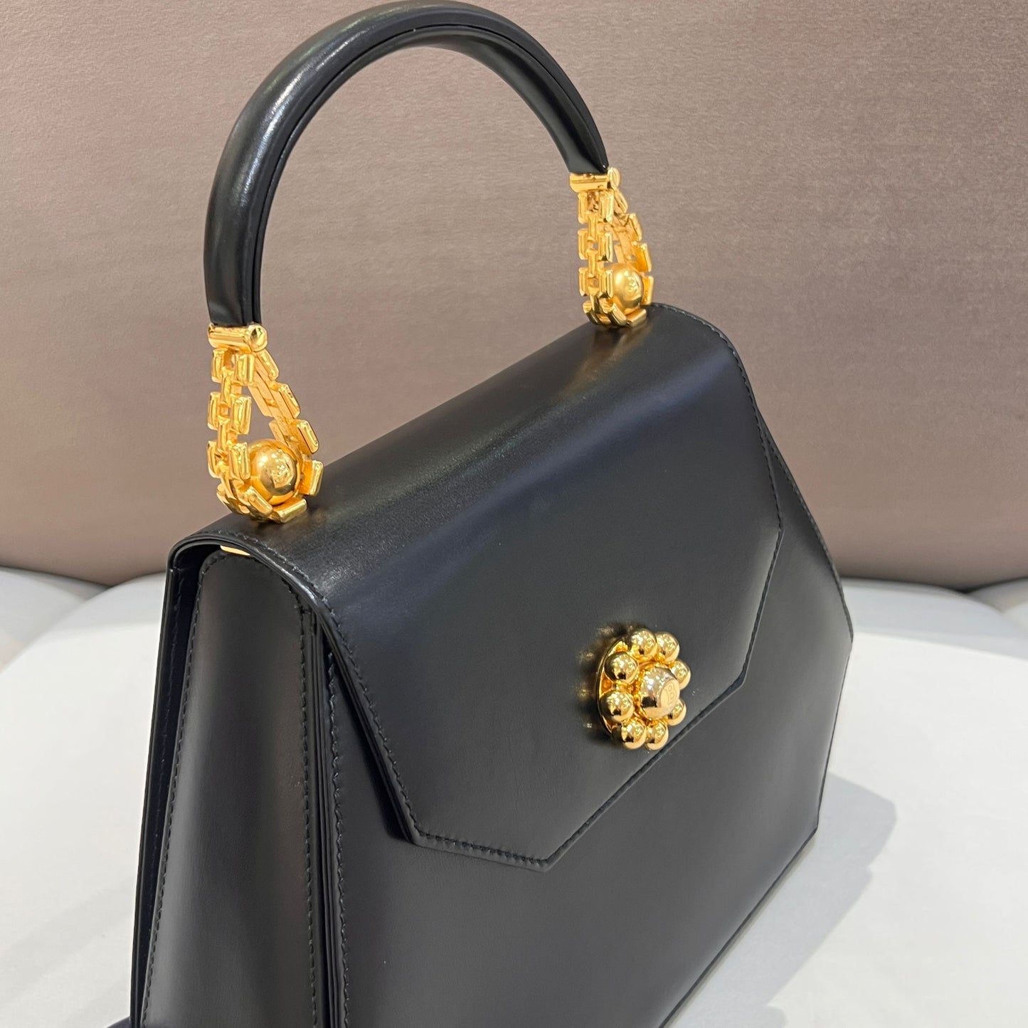 Bally Vintage Black Leather Hexagonal Top Handle Handbag