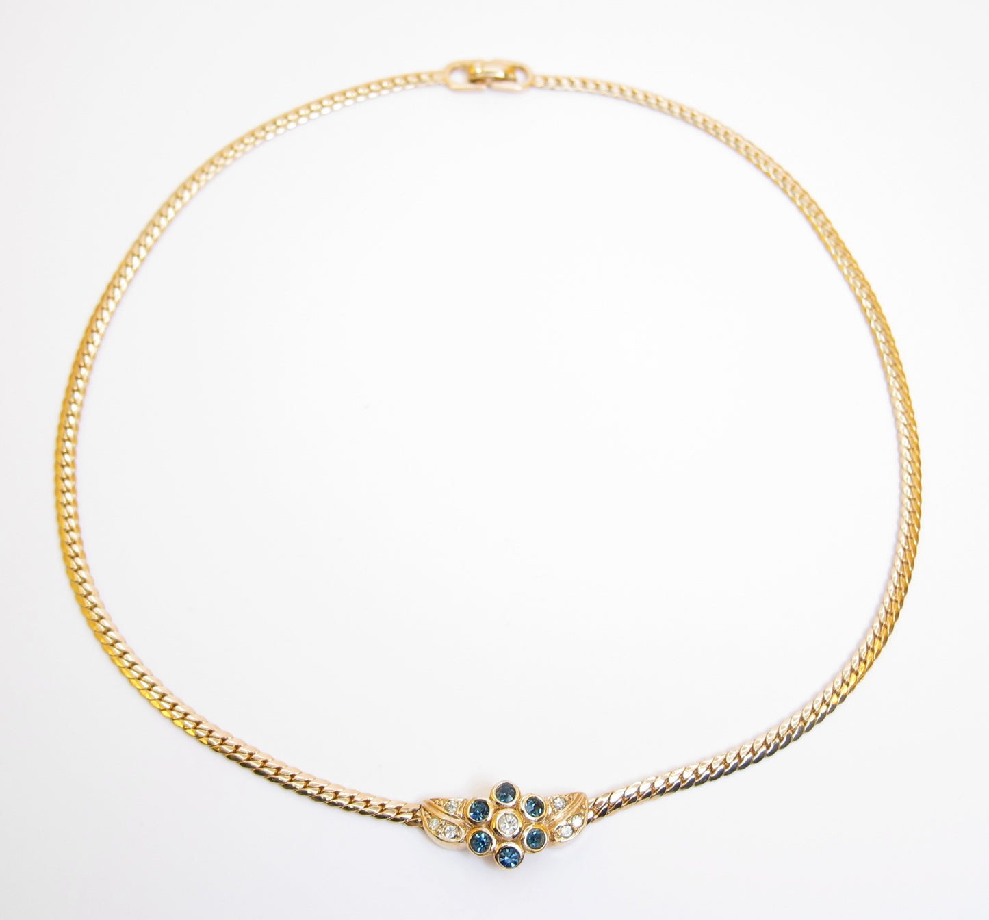Christian Dior Vintage Flower Motif Blue and Rhinestone Golden Necklace