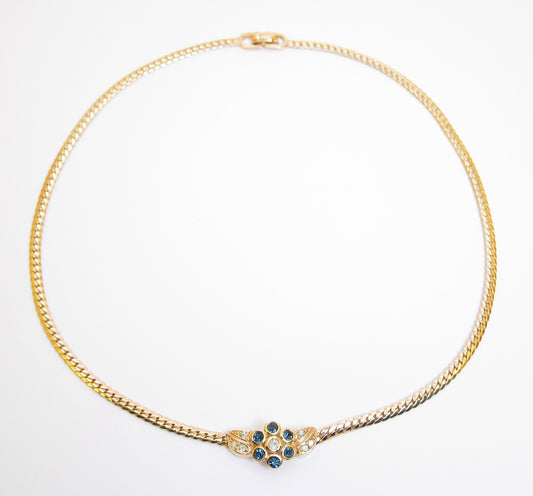 Christian Dior Vintage Flower Motif Blue and Rhinestone Golden Necklace