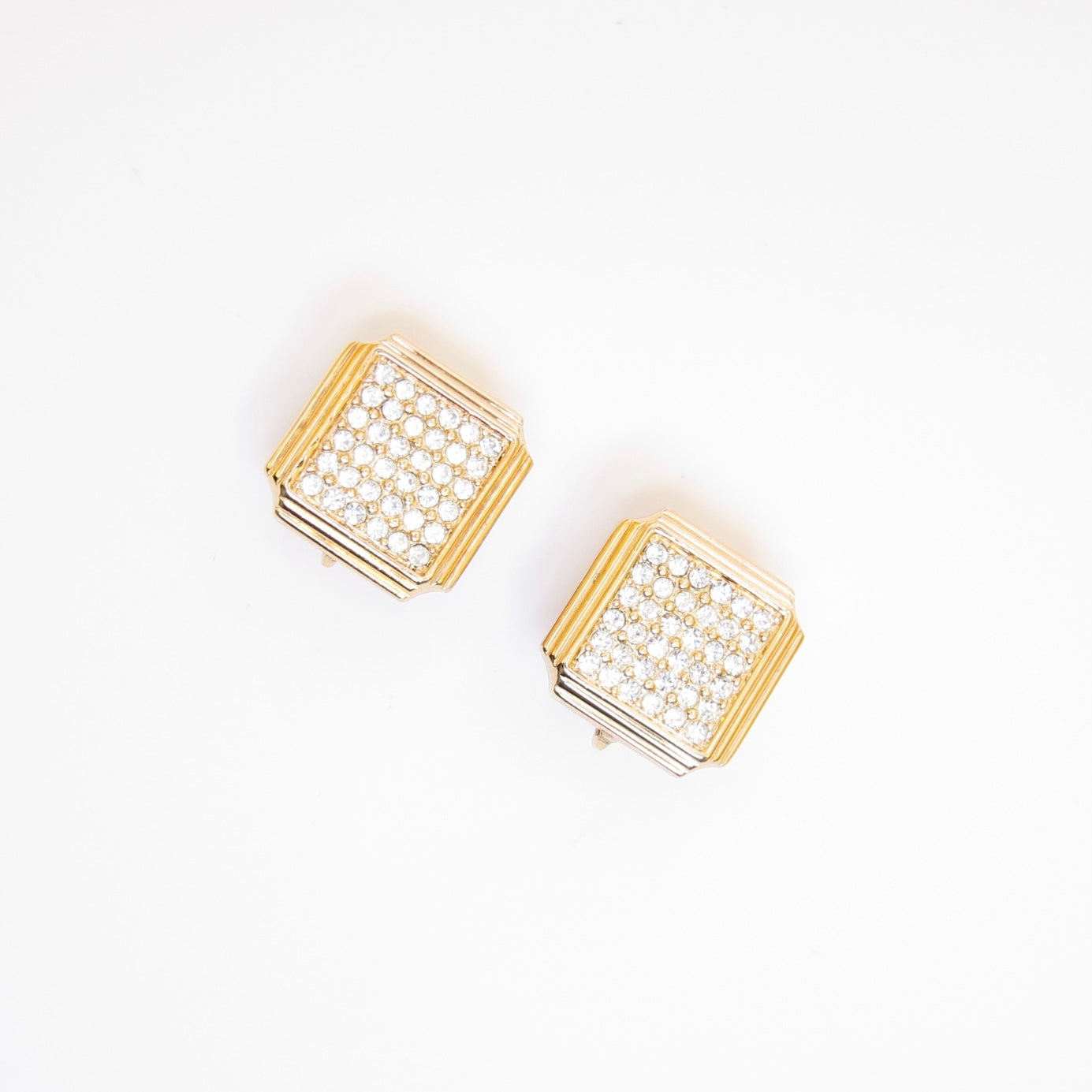 Christian Dior Vintage Square with Rhinestone Golden Clip-on Earrings
