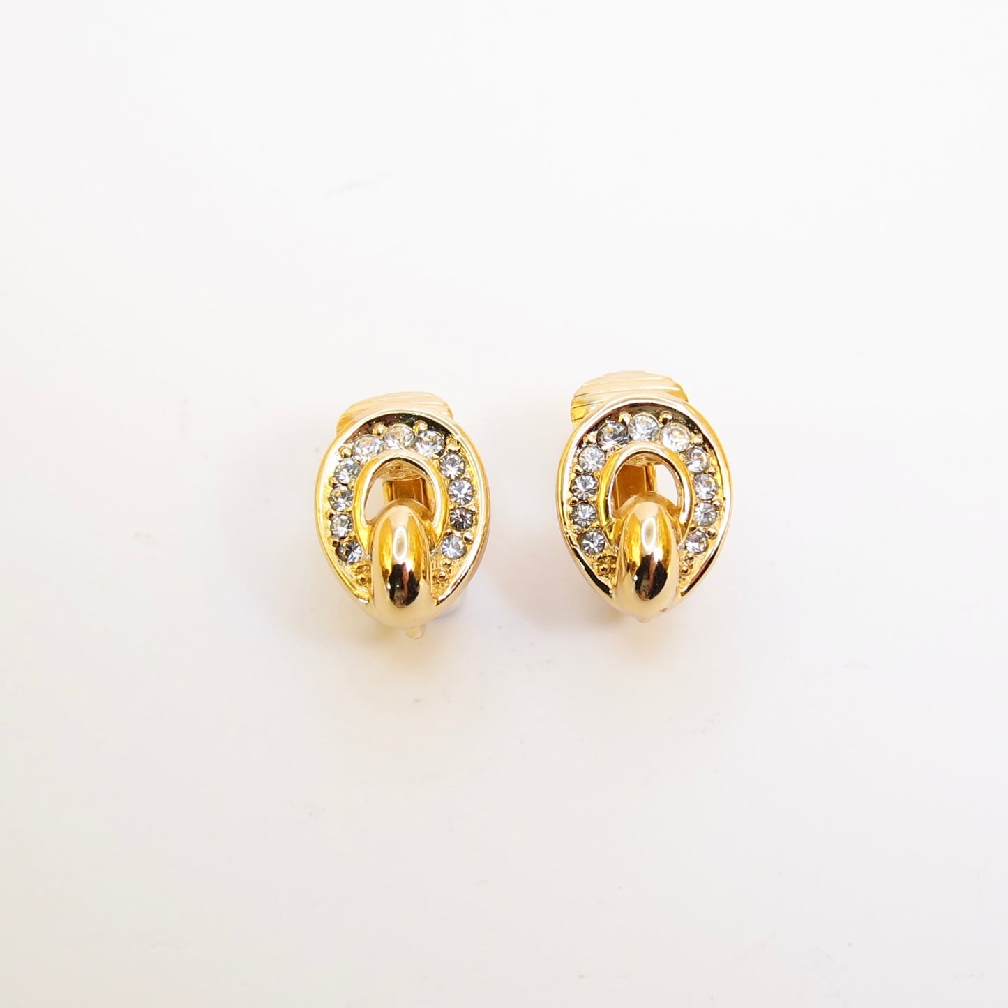 Christian Dior Vintage Oval Shape and Rhinestone Golden Clip-on Earrings
