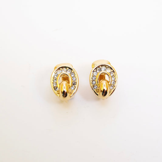 Christian Dior Vintage Oval Shape and Rhinestone Golden Clip-on Earrings