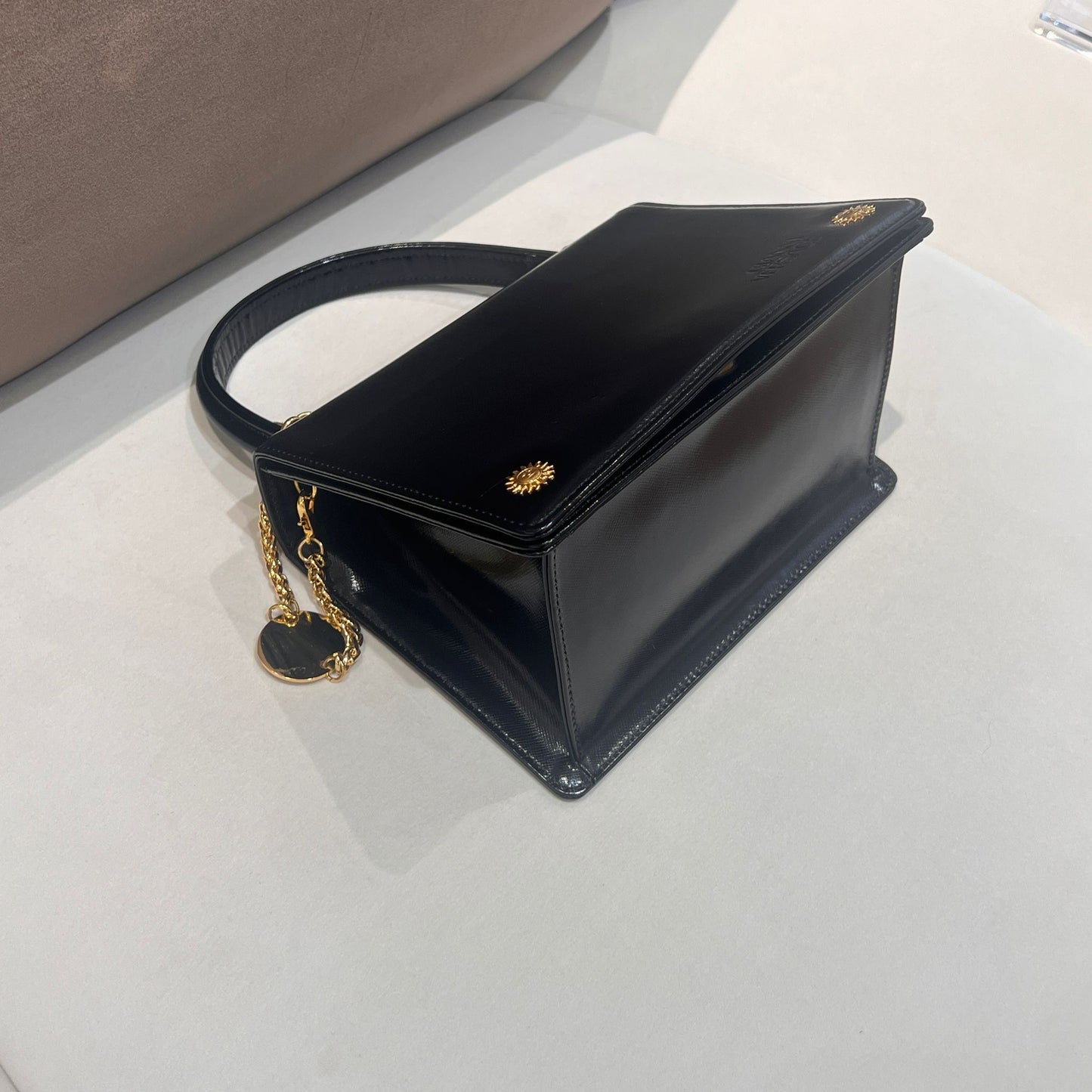 Versace Vintage Medusa Charm Black Leather Top Handle Handbag