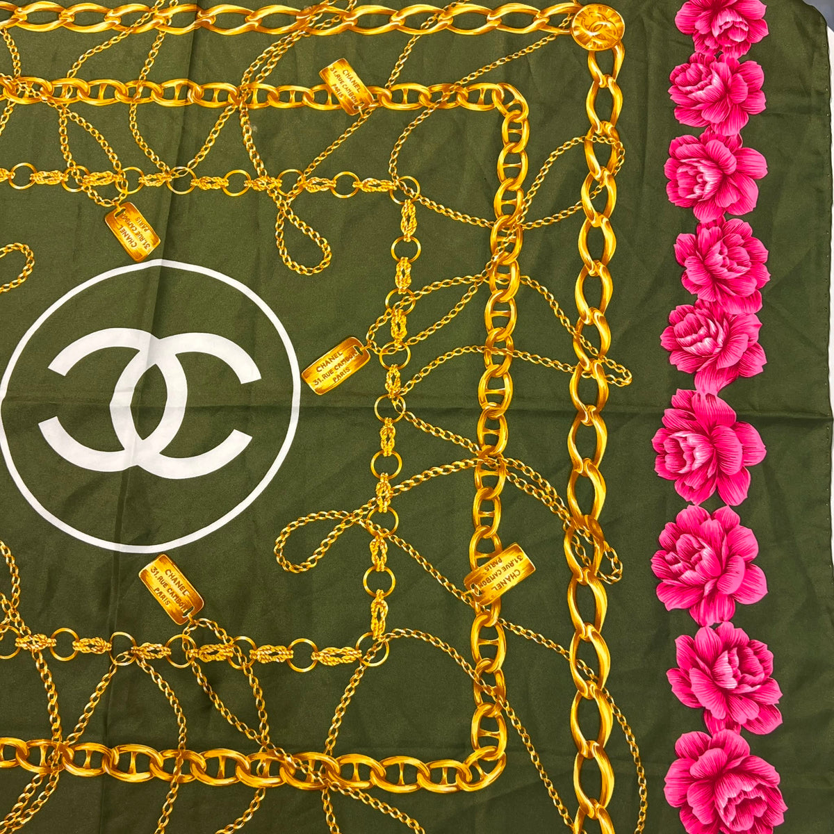Chanel Vintage CC Logo Olive Green Chain Rose Floral Silk Scarf