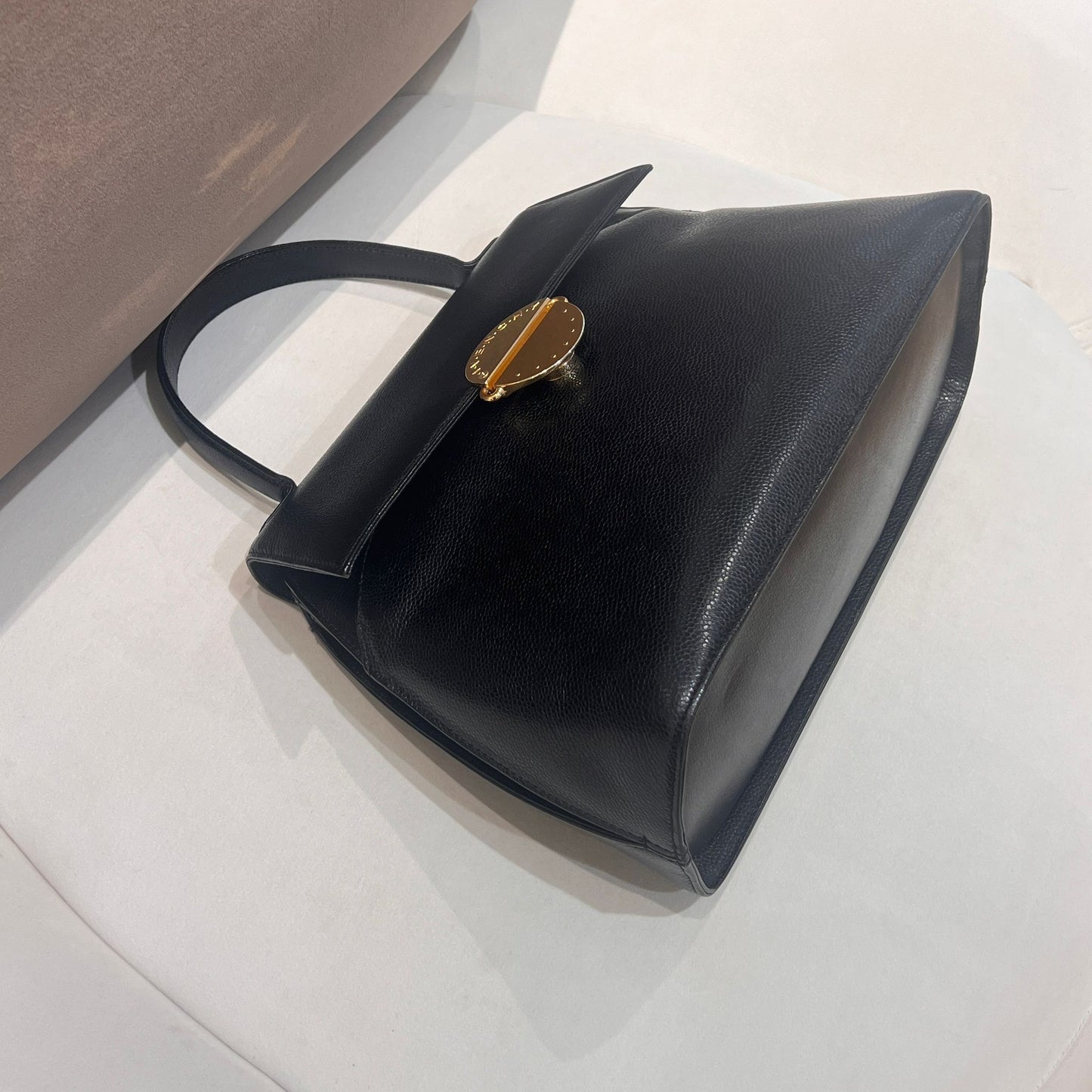 Givenchy Vintage Black Leather Gold Round Clasp Top Handle Handbag