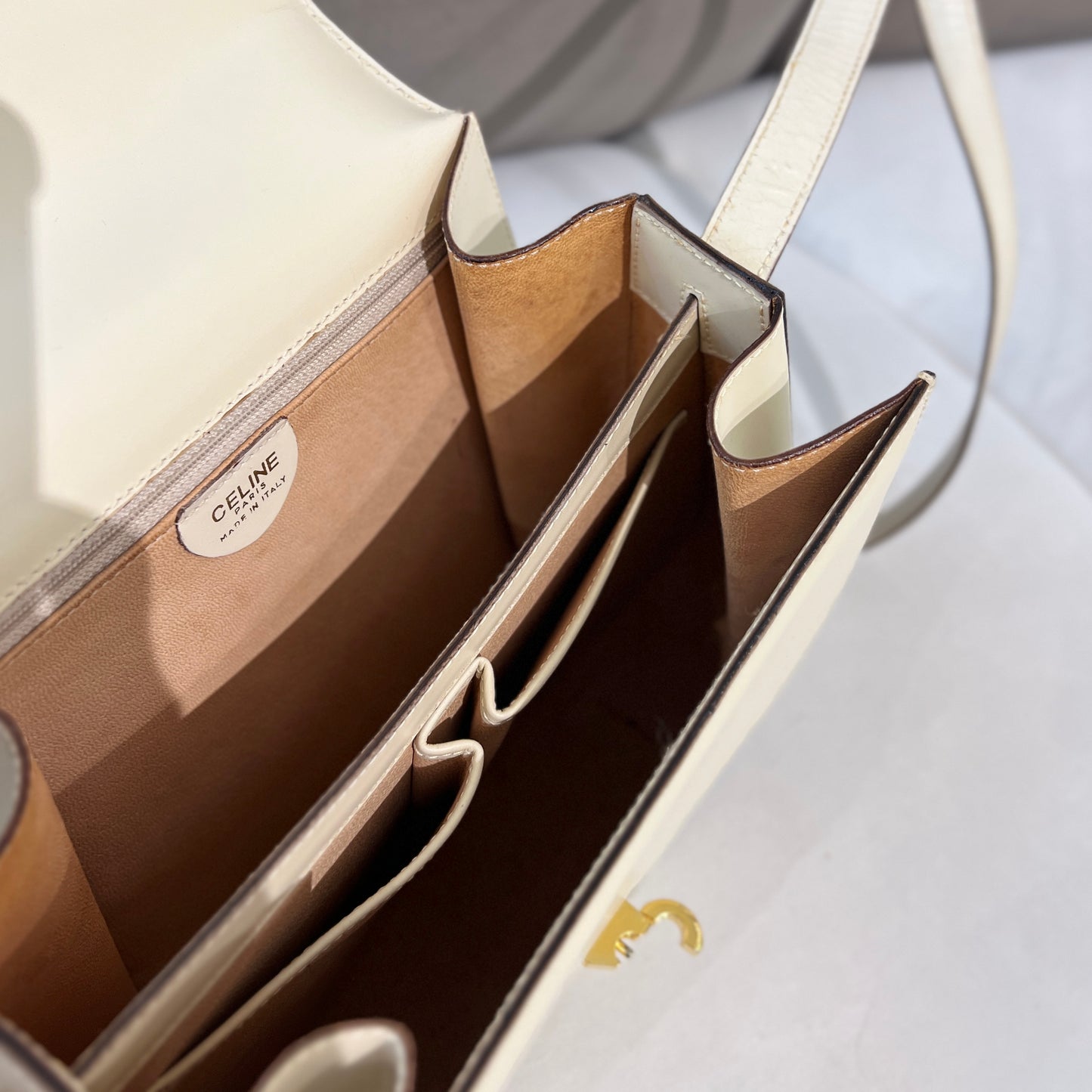 Celine Vintage Golden Lock Light Beige Leather Shoulder Bag
