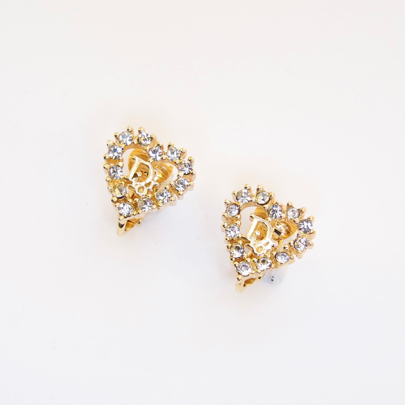 Christian Dior Vintage Dior Logo in Heart with Rhinestone Golden Clip-on Earrings