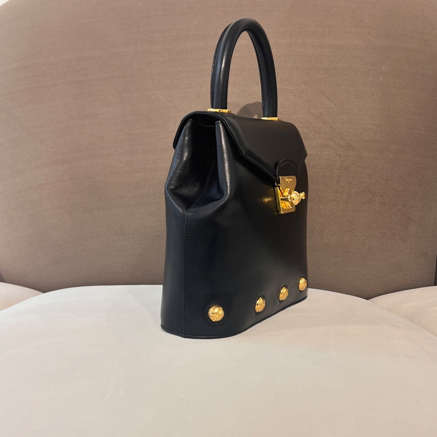 Ferragamo Vintage Black Structured Gold Hardware Handbag