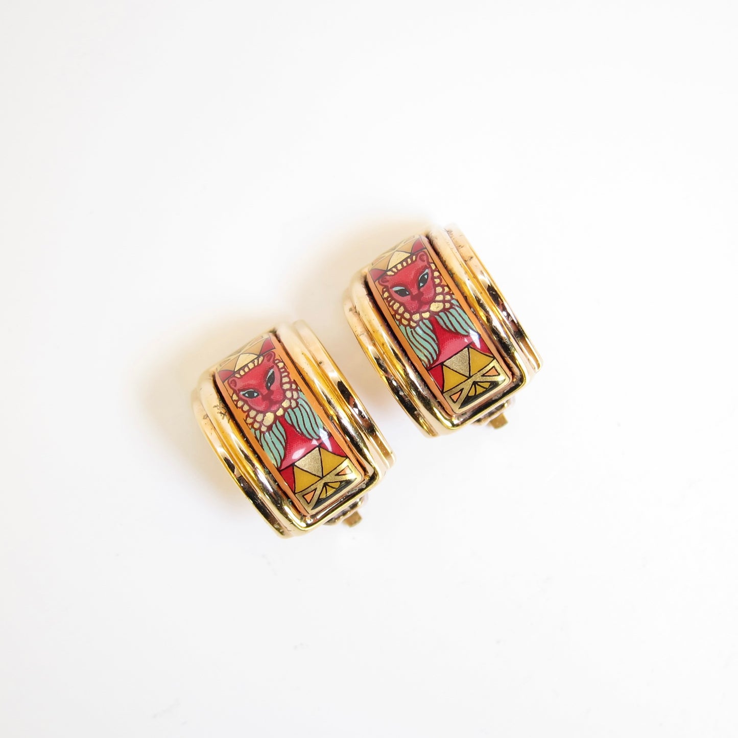 Hermes Vintage Lion Enamelled Golden Clip-on Earrings
