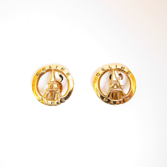 Celine Vintage Celine Logo and Eiffel Tower Golden Clip-on Earrings