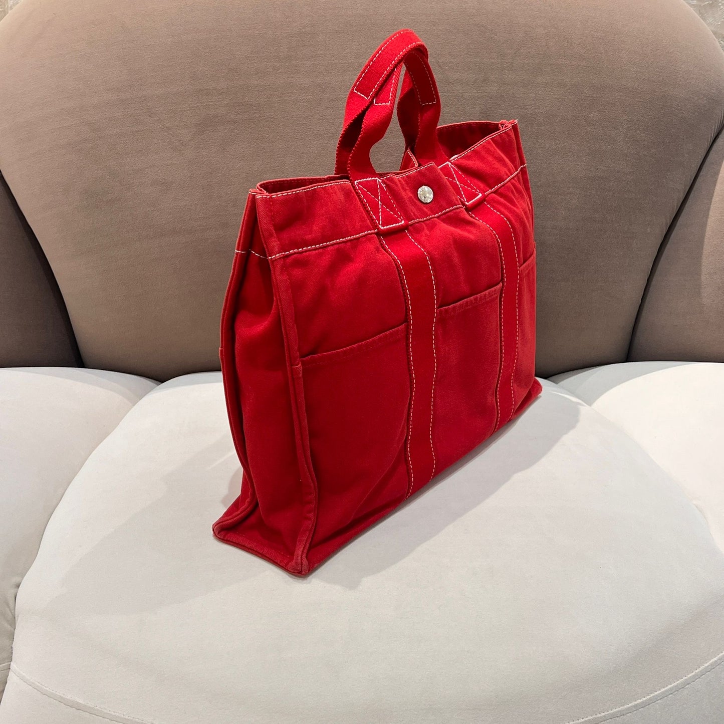 Hermes Deauville Mm Red Canvas Tote Bag