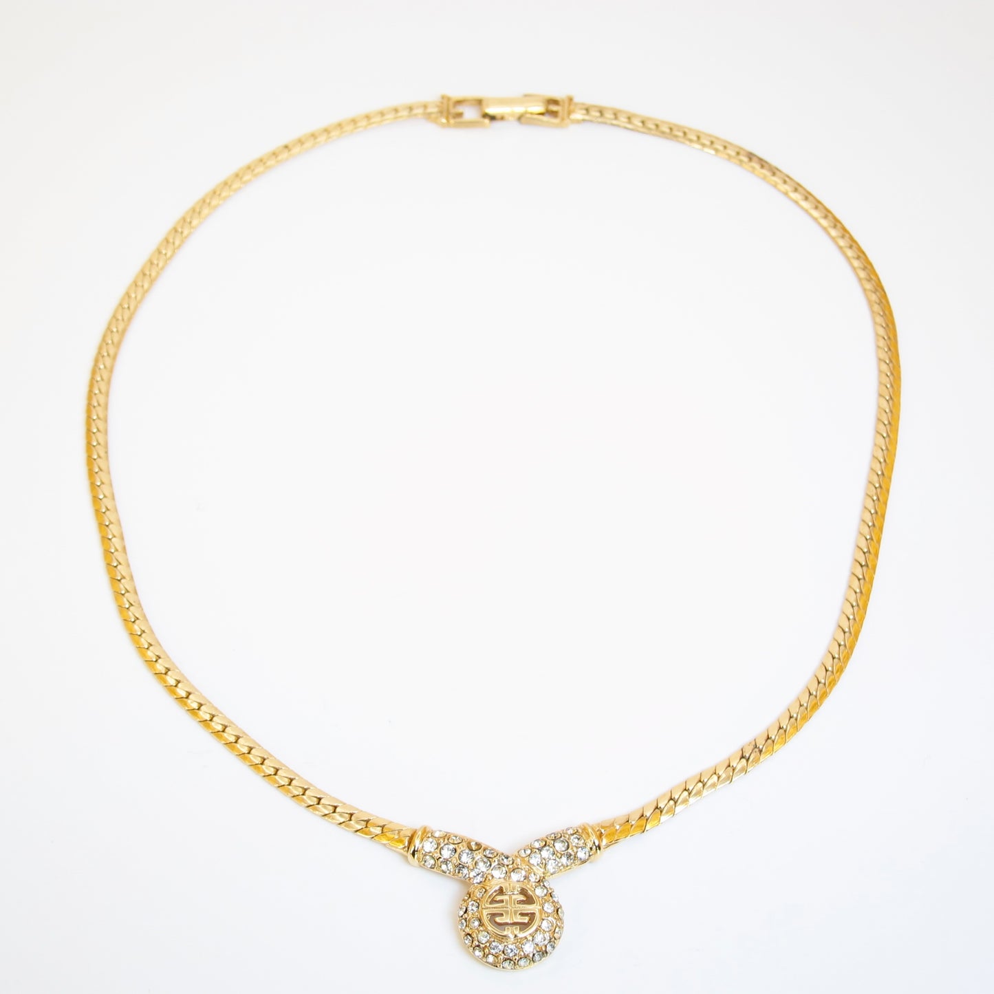 Givenchy Vintage 4G Logo and Rhinestone Pendant Golden Necklace