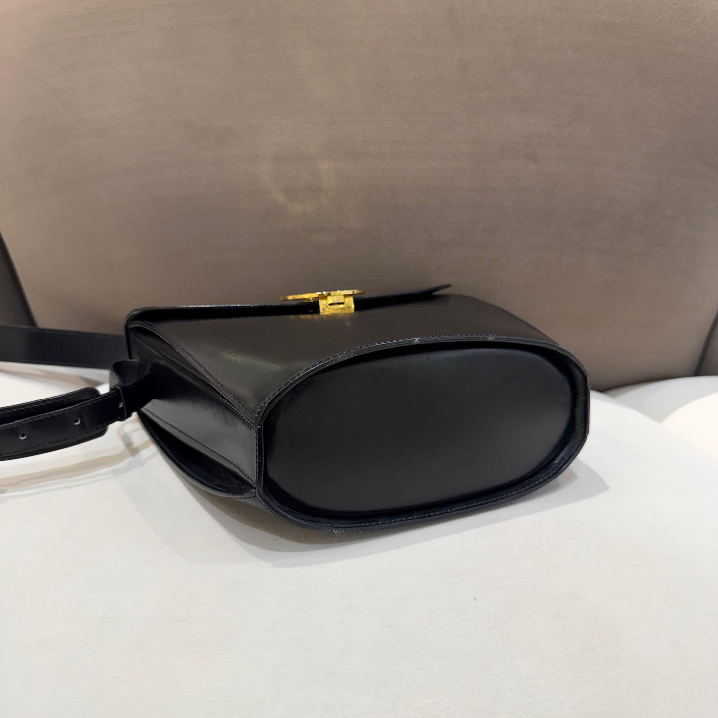 Celine Vintage Black Leather Circle Logo Shoulder Bag