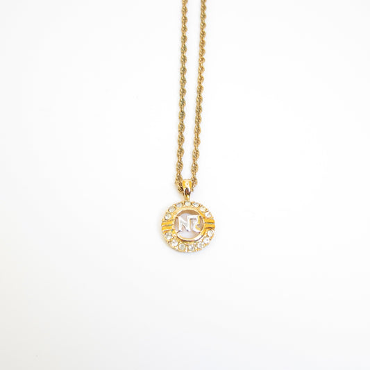 Nina Ricci Vintage NR Logo in Circle with Rhinestone Golden Necklace