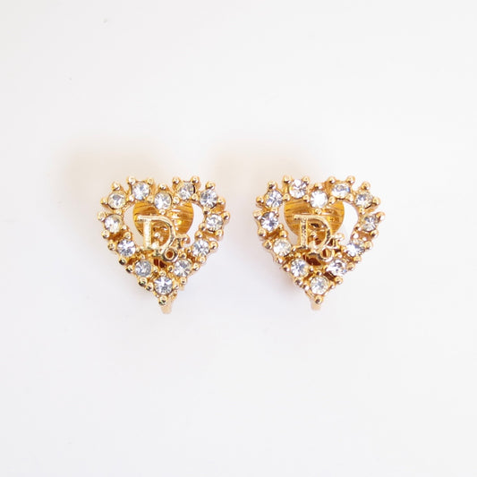 Christian Dior Vintage Dior Logo in Heart with Rhinestone Golden Clip-on Earrings