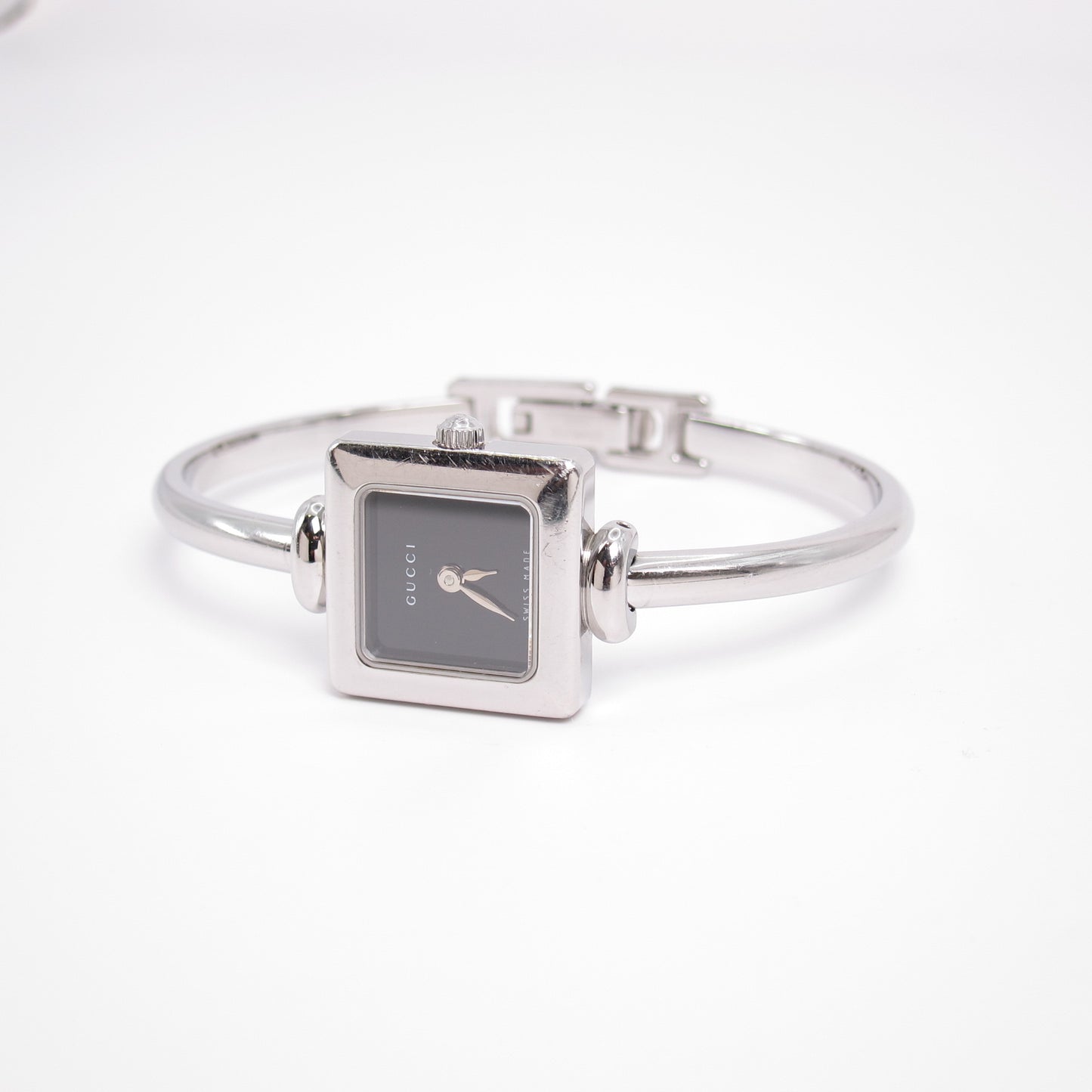 Gucci Vintage Square Black Face Silver Bangle Watch