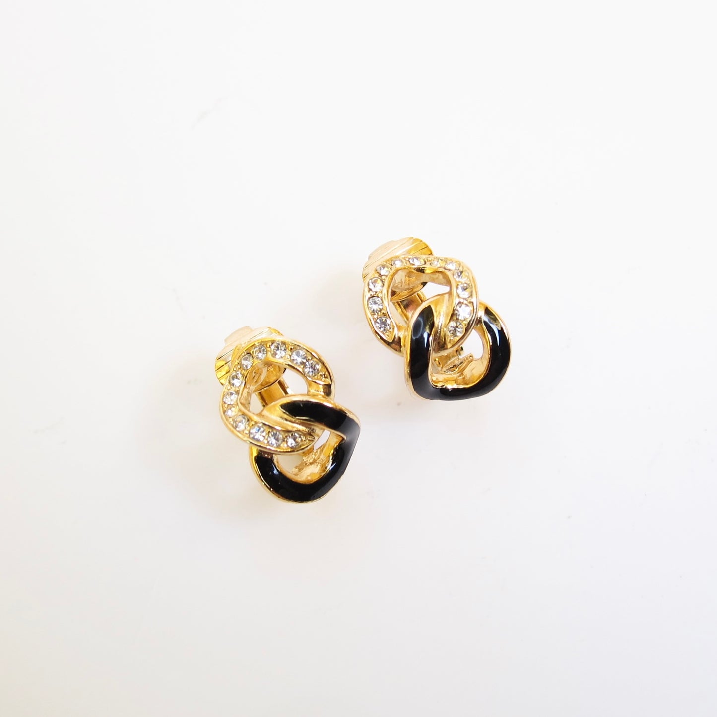 Christian Dior Vintage Black and Rhinestone Link Golden Clip-on Earrings