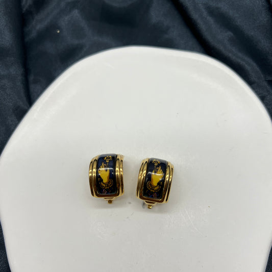 Hermes Vintage Blue X Golden Enamelled Clip-On Earrings