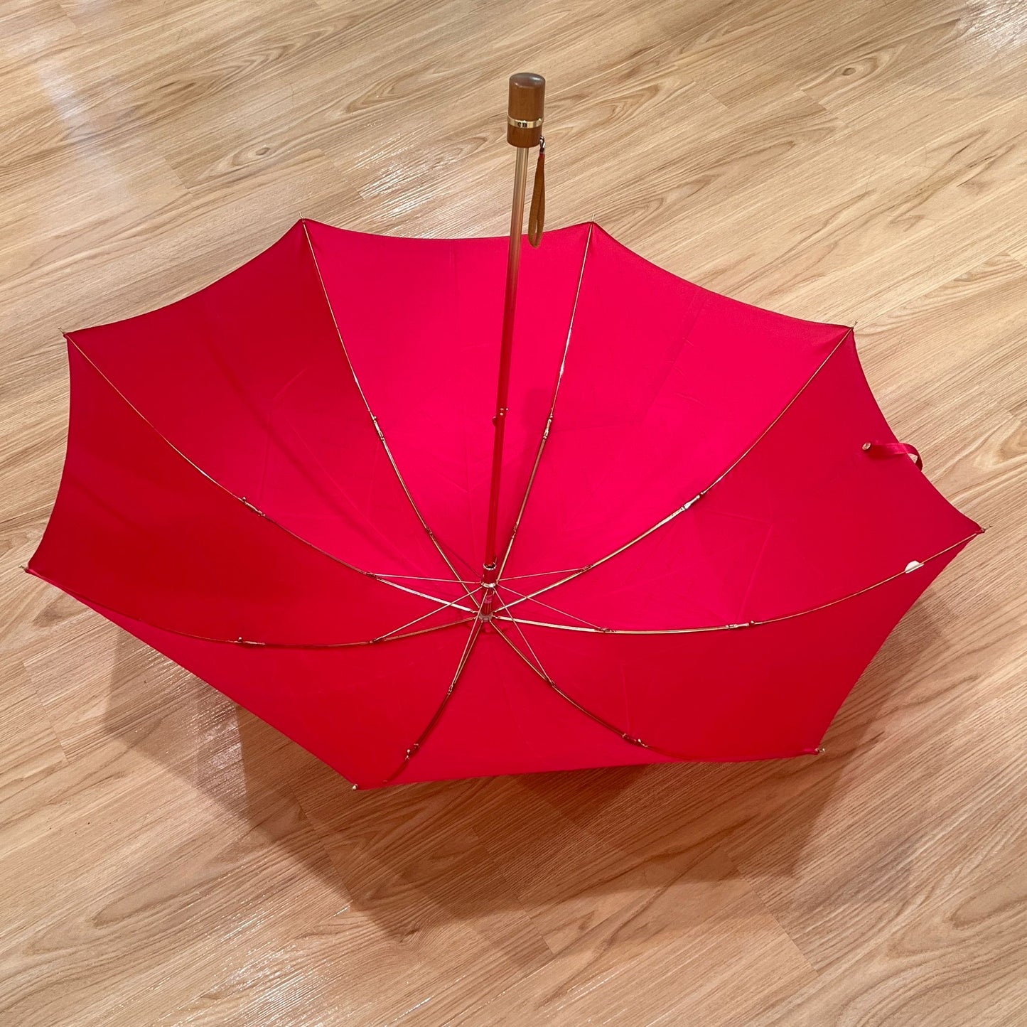 Christian Dior Vintage Red Monogram Oblique Folding Umbrella with Wood Handle