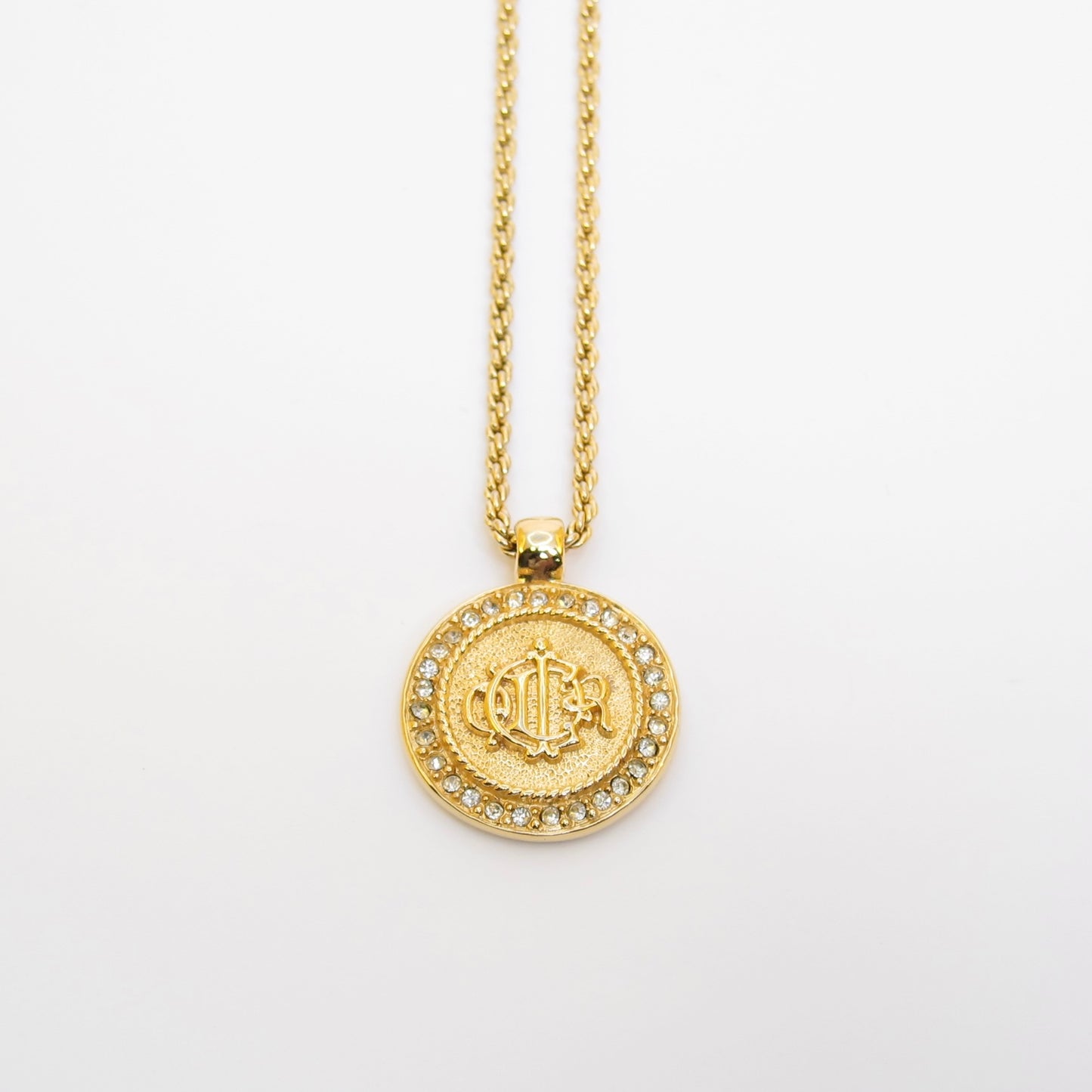 Christian Dior Vintage Dior Logo on Round Shape with Rhinestone Golden Necklace