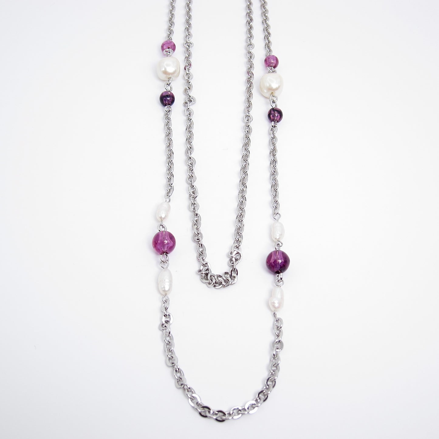 Givenchy Vintage Pearl and Purple Bead Silver Long Necklace