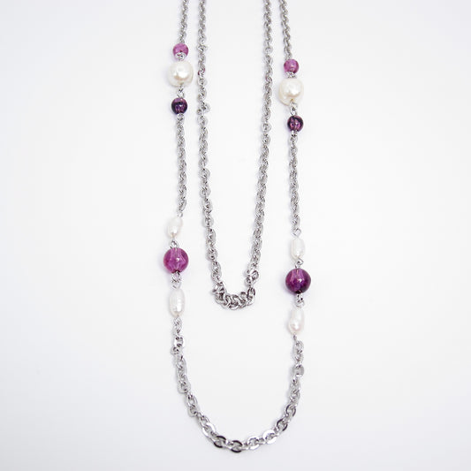 Givenchy Vintage Pearl and Purple Bead Silver Long Necklace