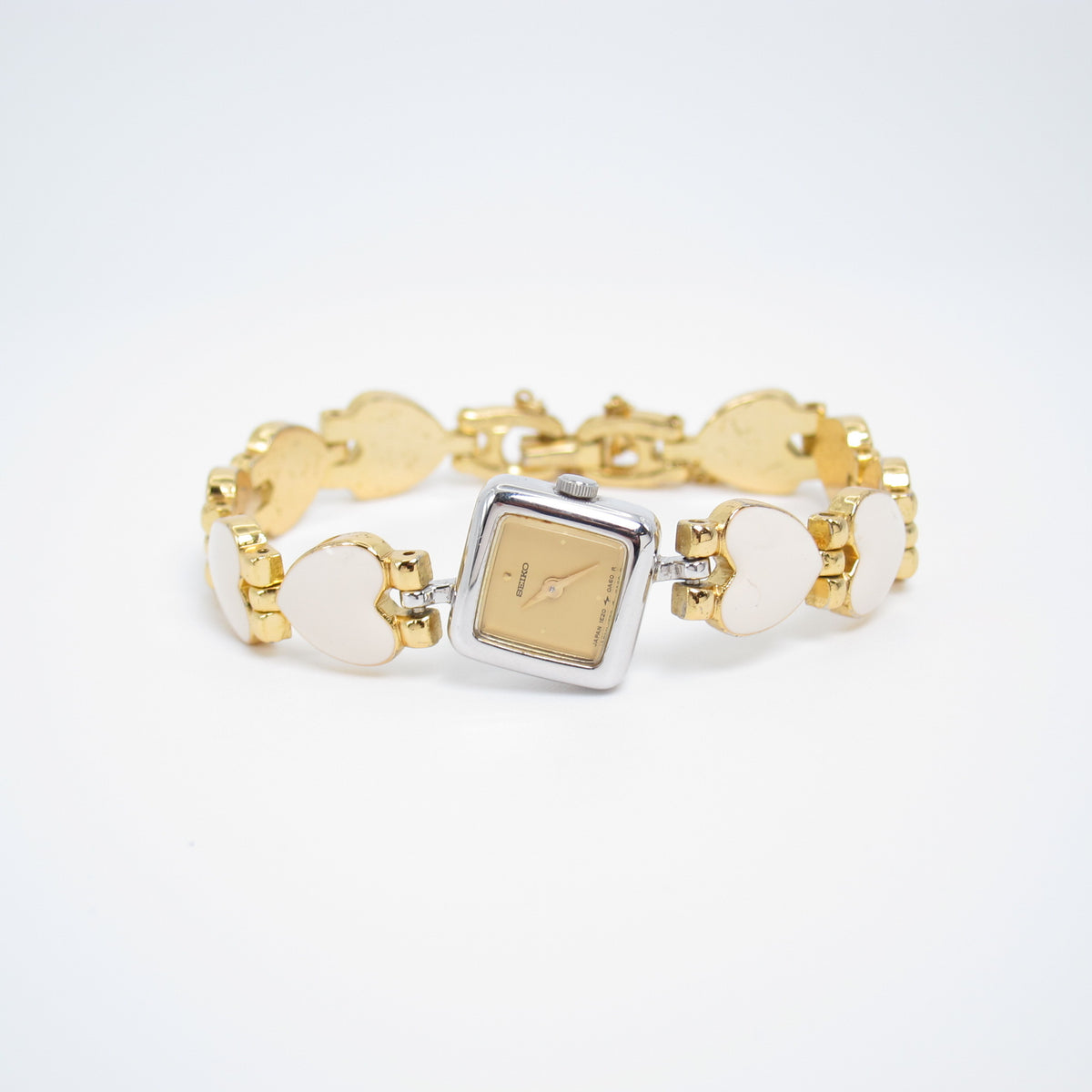 Seiko Vintage Square Dial with White Enamel Heart Link Chain Two Tone Watch