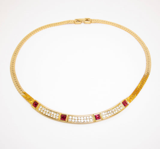Givenchy Vintage Red Stone and Rhinestone Golden Necklace