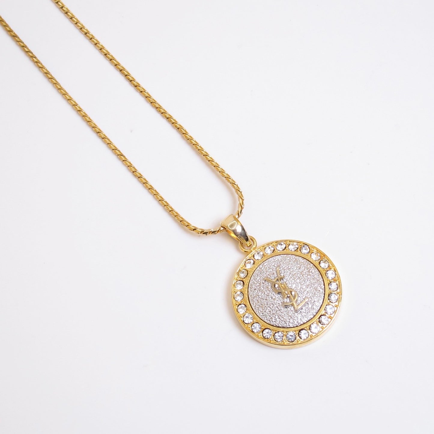 Yves Saint Laurent Vintage YSL Logo on Round Shaped with Rhinestone Golden Necklace