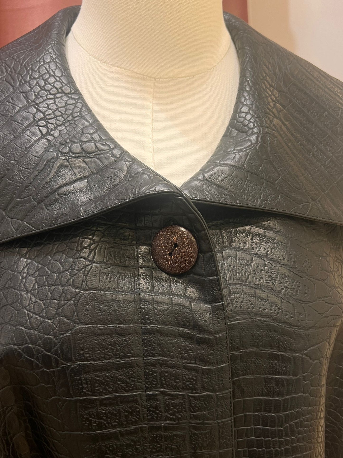 Christian Dior Vintage Miss Dior Black Crocodile-embossed Coat with Fur Trim Cuffs