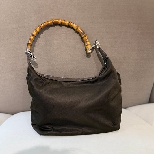 Gucci Black Nylon Bamboo Handle Shoulder Bag