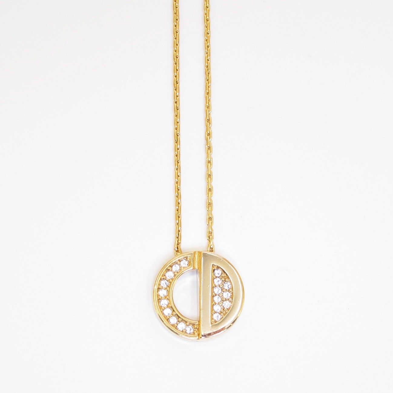Christian Dior Vintage Round CD Logo with Rhinestone Golden Necklace