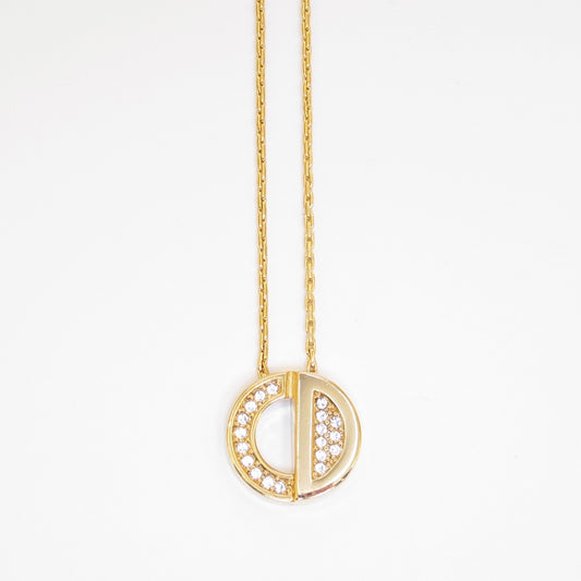 Christian Dior Vintage Round CD Logo with Rhinestone Golden Necklace