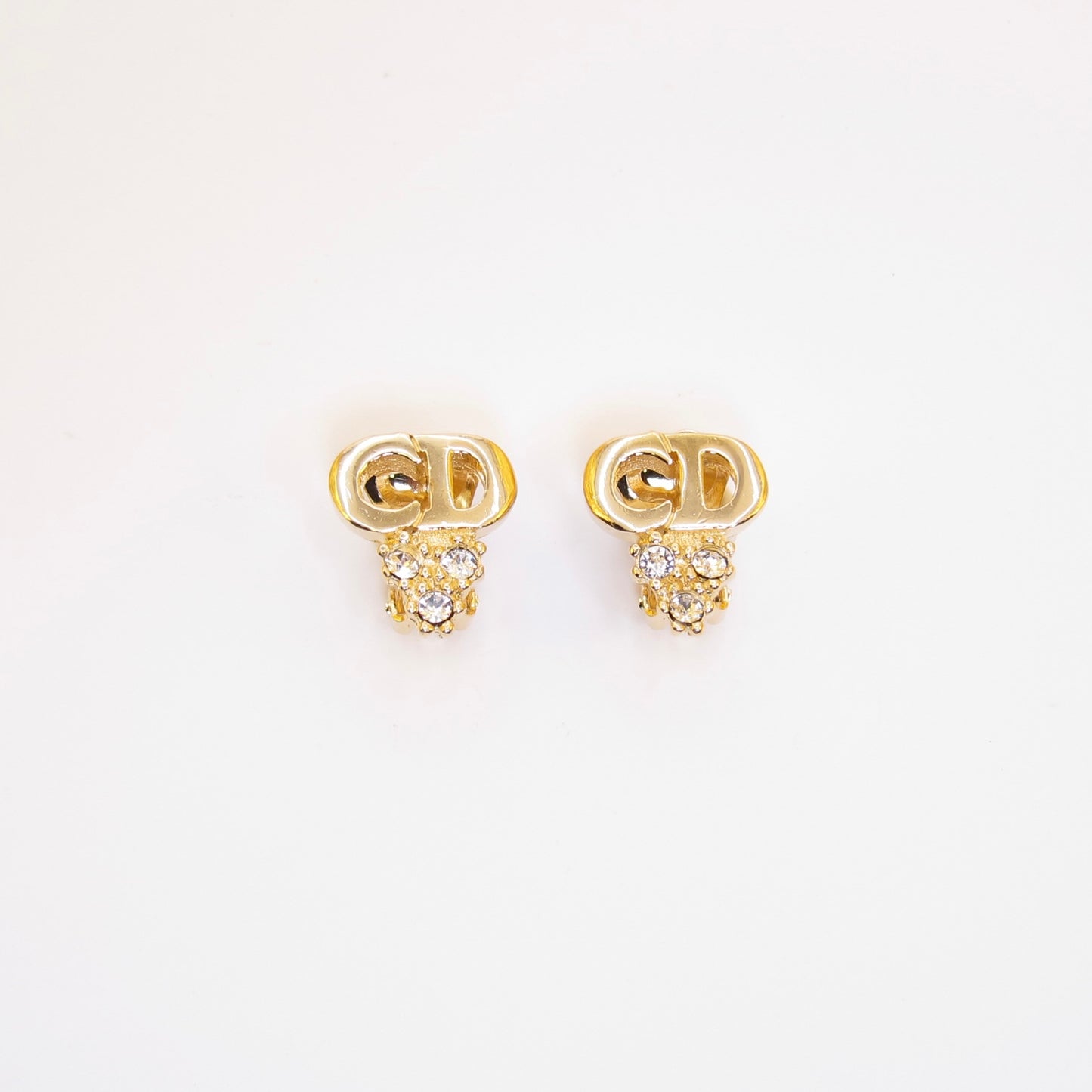 Christian Dior Vintage CD Logo and Rhinestone Golden Clip-on Earrings