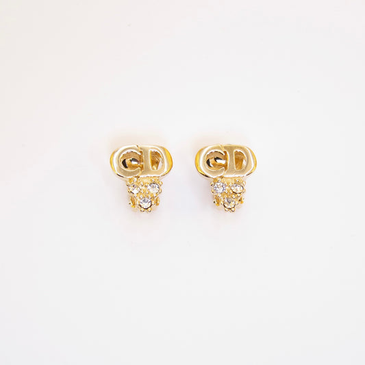 Christian Dior Vintage CD Logo and Rhinestone Golden Clip-on Earrings