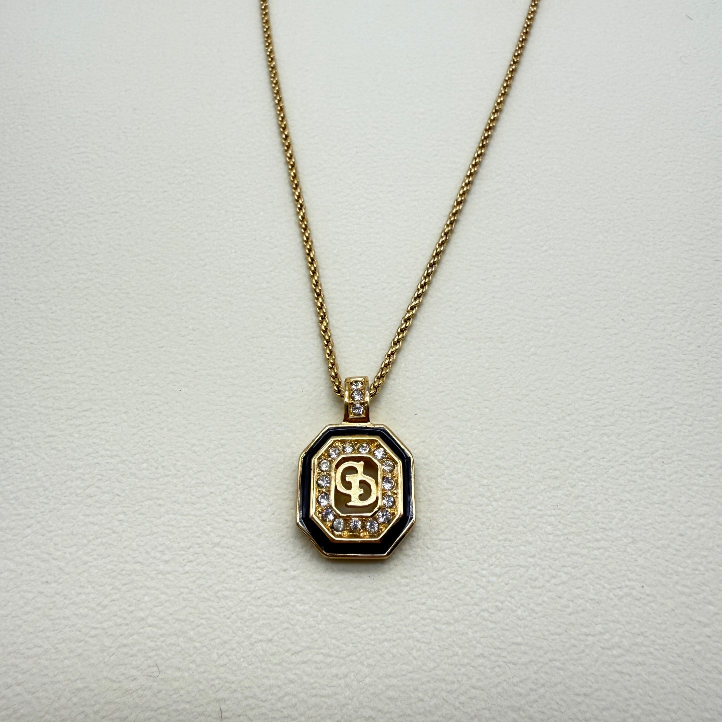 Christian Dior Vintage CD Logo in Octagon with Rhinestone Black and Golden Necklace
