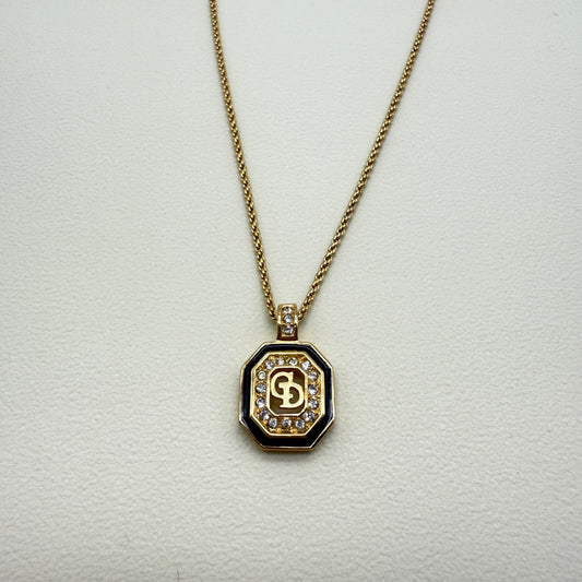 Christian Dior Vintage CD Logo in Octagon with Rhinestone Black and Golden Necklace