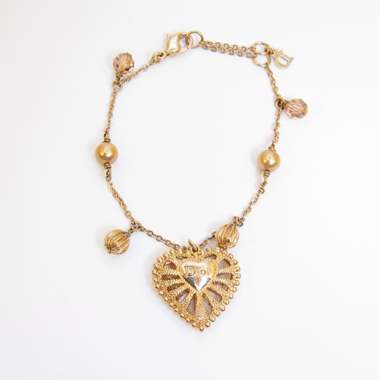 Christian Dior Vintage Dior on Heart and Beads Golden Bracelet